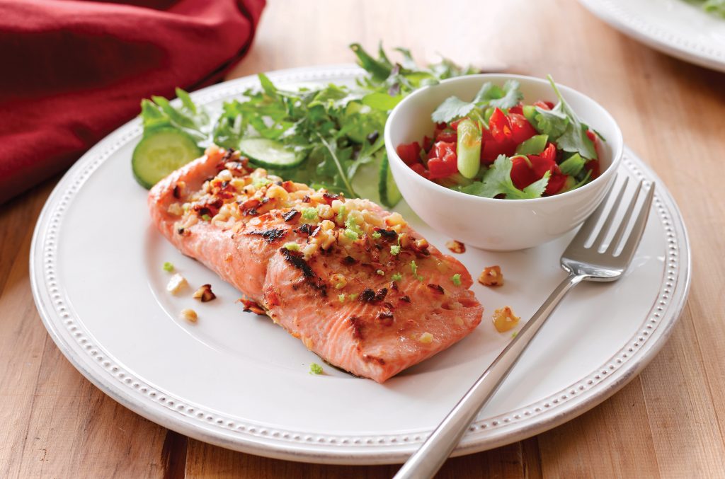 Cashew-crusted salmon with sweet chilli salsa Cashew-crusted salmon with sweet chilli salsa