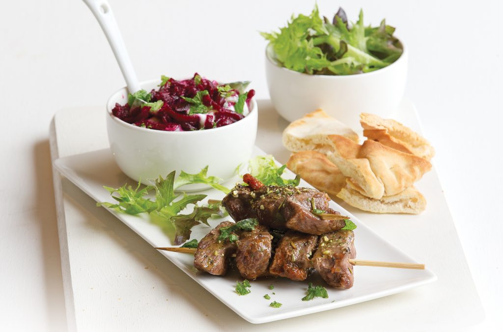 Beef kebabs with minty beetroot dip Beef kebabs with minty beetroot dip