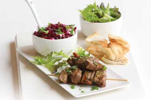 Beef kebabs with minty beetroot dip