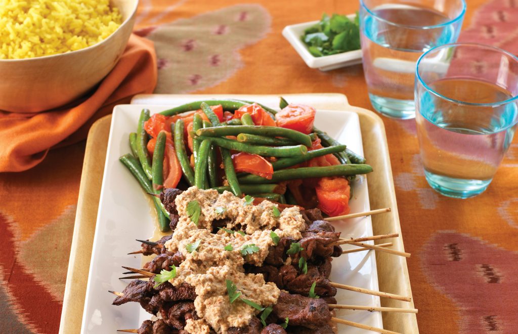 Beef satay with fragrant yellow rice Beef satay with fragrant yellow rice