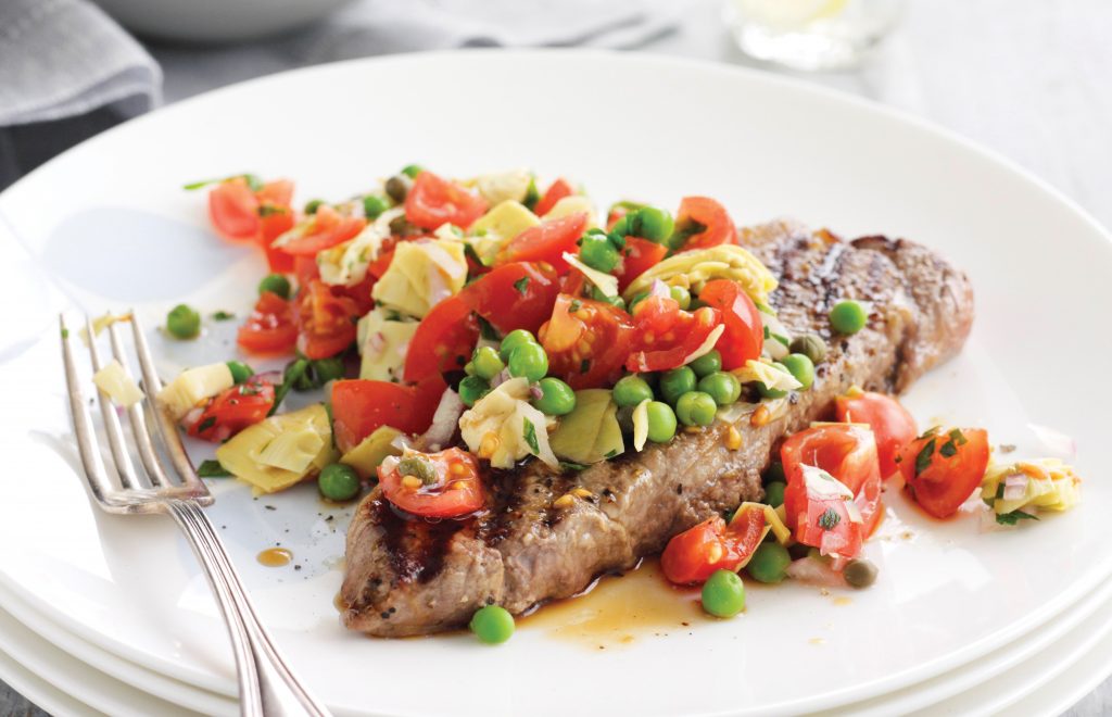 Beef with artichoke and pea salsa
