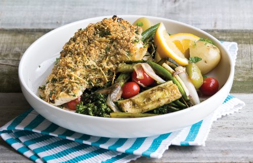 Cheesy crumbed fish steak with chargrilled veges and potatoes