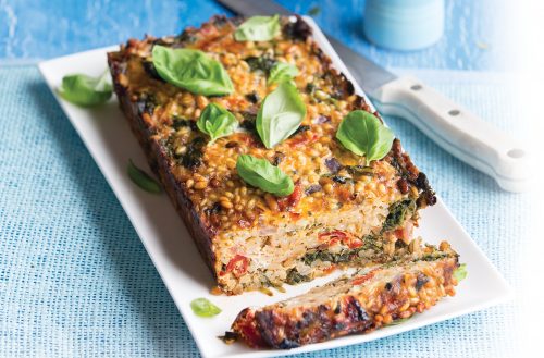 Cheesy pine nut barley loaf with warm baby vegetable salad