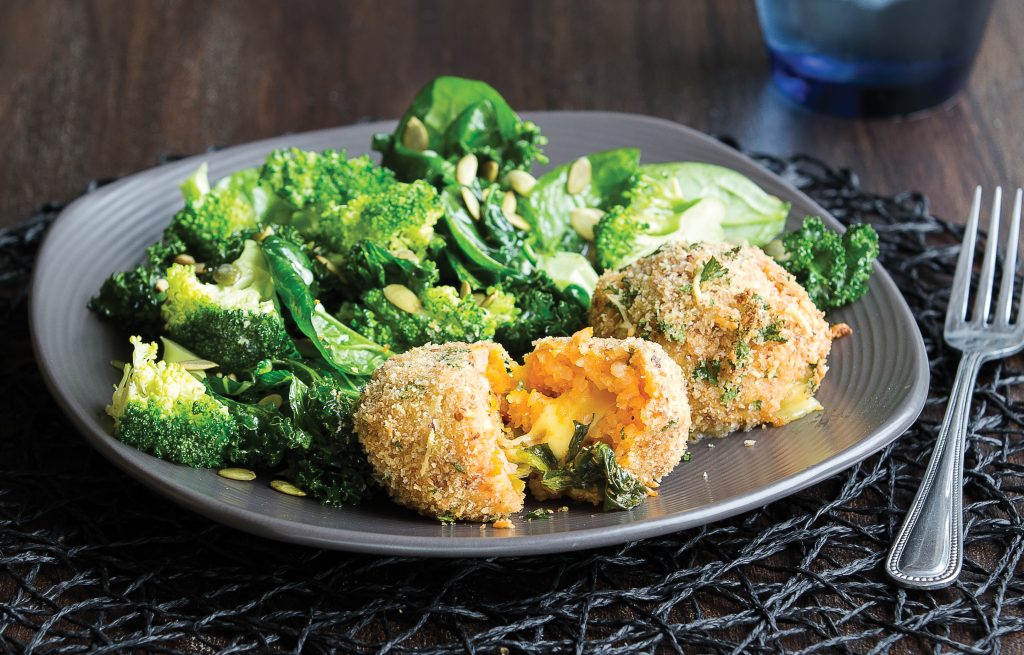 Cheesy risotto balls with warm winter salad Cheesy risotto balls with warm winter salad