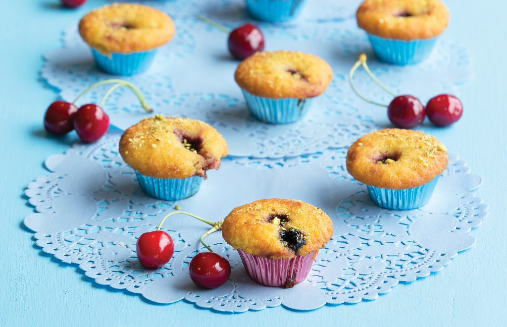 Cherry almond fairy cakes with pistachio dust Cherry almond fairy cakes with pistachio dust