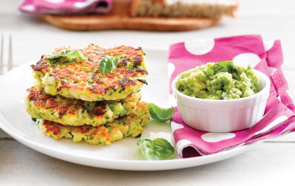 Chicken and courgette fritters with avo dip Chicken and courgette fritters with avo dip