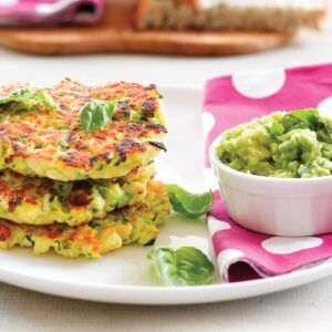 Chicken and courgette fritters with avo dip