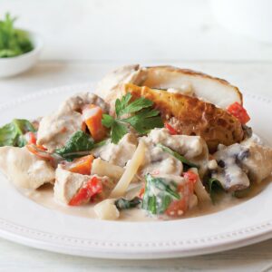 Chicken and mushrooms in white wine