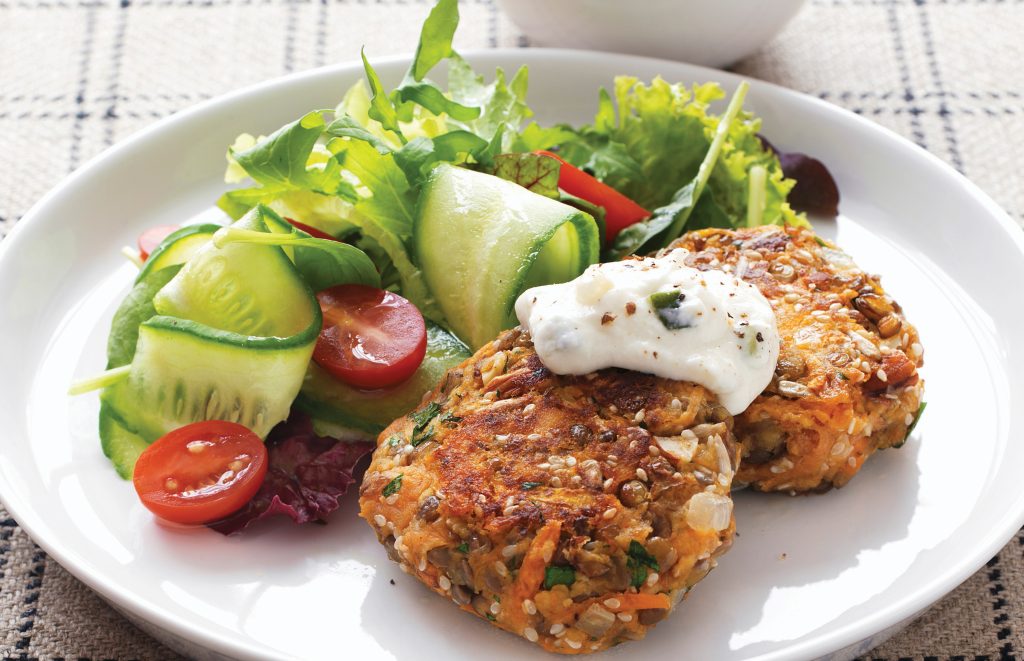 Chicken and vege falafels with minty yoghurt dressing Chicken and vege falafels with minty yoghurt dressing