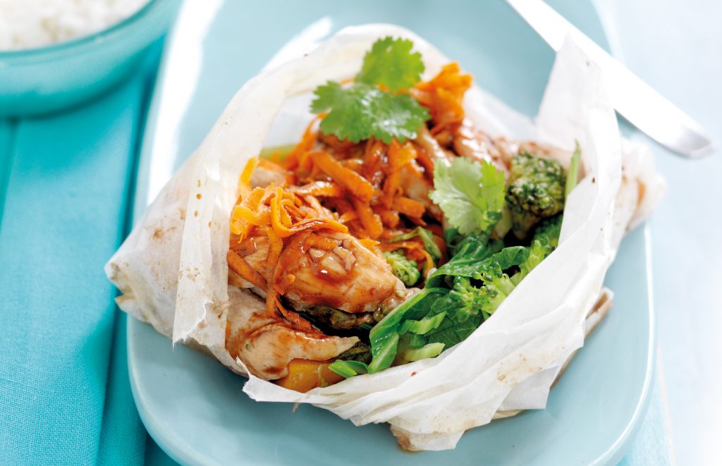 Chicken and vegetable parcels with plum sauce Chicken and vegetable parcels with plum sauce