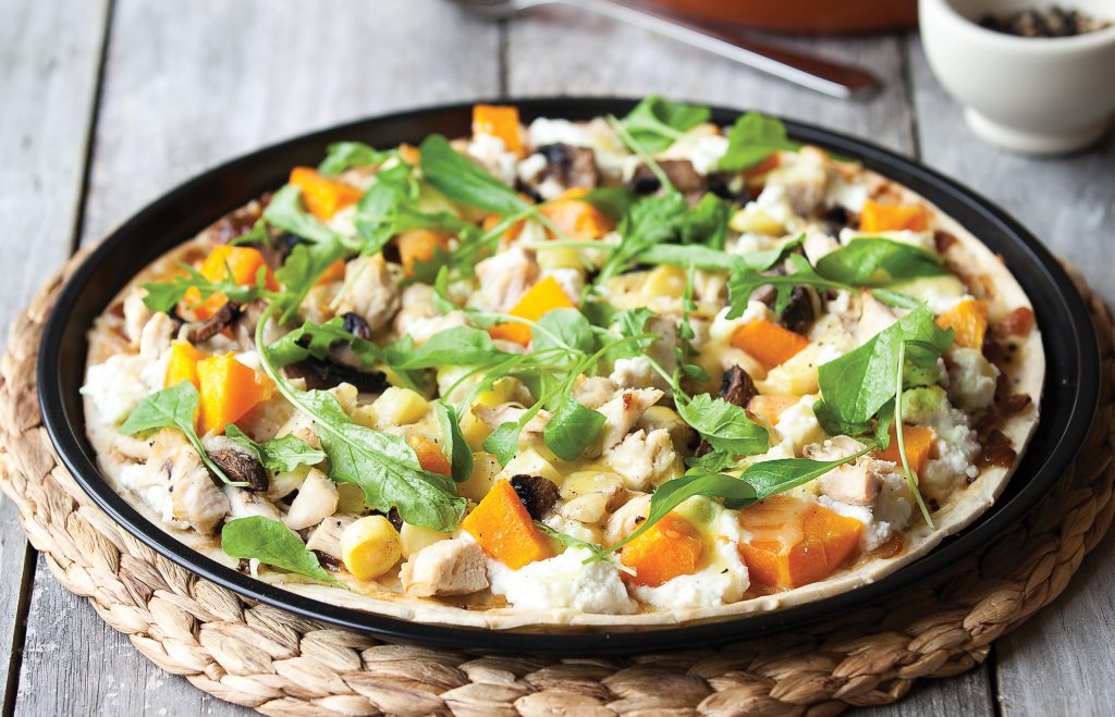 Chicken, pumpkin and rocket pizza Chicken, pumpkin and rocket pizza