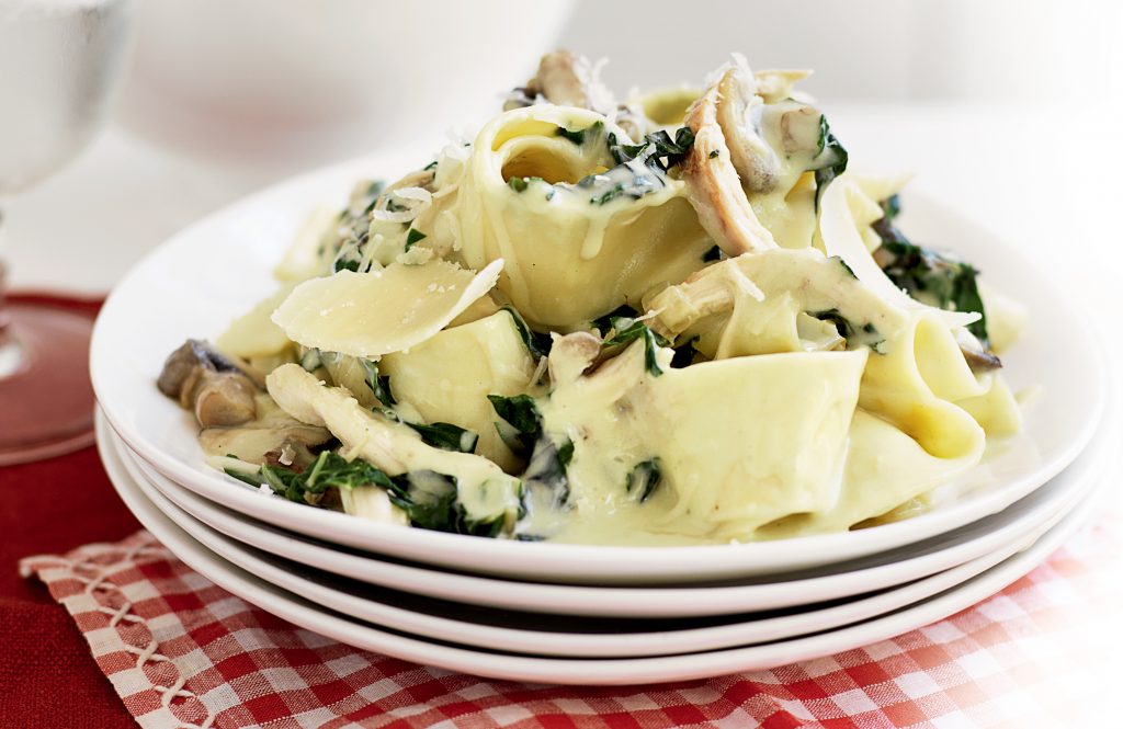Chicken, silver beet and mixed mushroom pappardelle Chicken, silver beet and mixed mushroom pappardelle