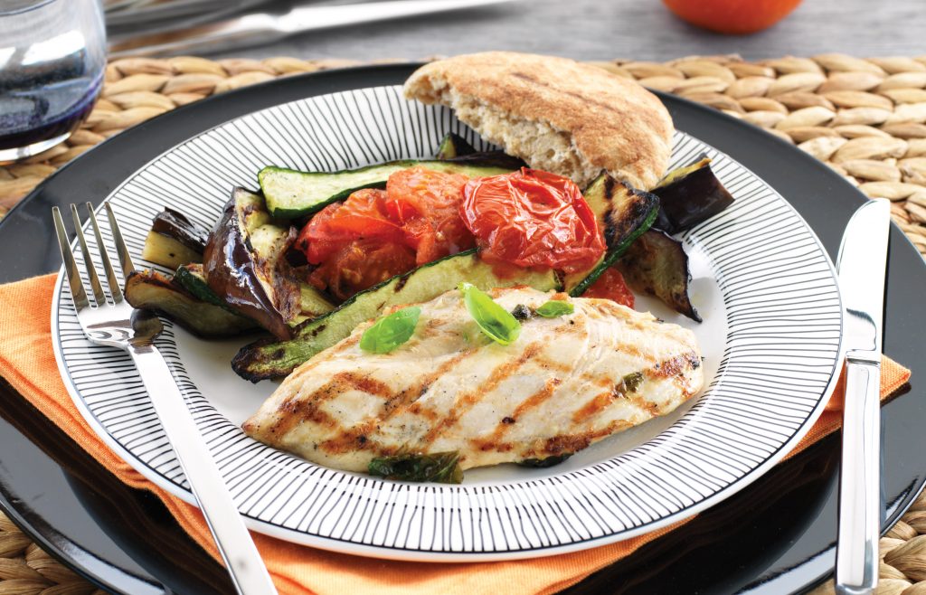 Chicken steaks with eggplant, tomato and courgette