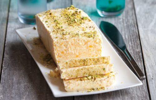 Chilled peach cheesecake slice
