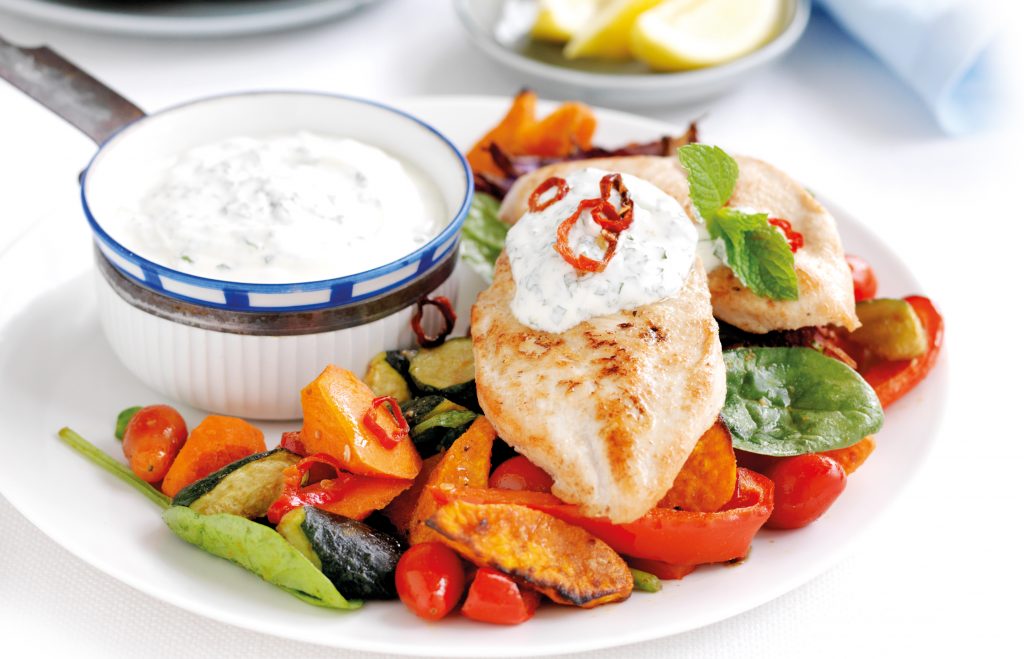 Chilli chicken with mint yoghurt and roasted vegetables Chilli chicken with mint yoghurt and roasted vegetables