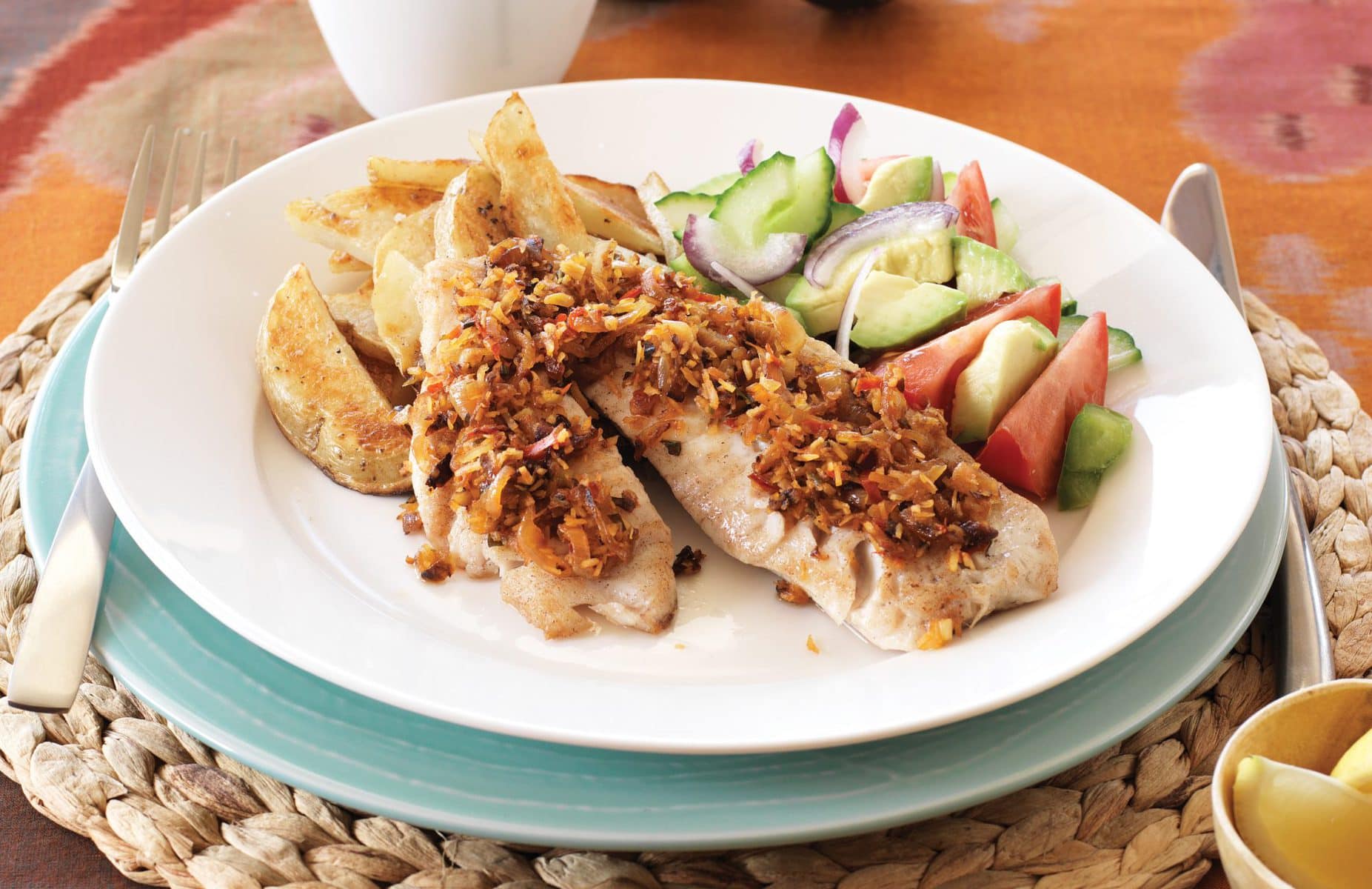 Curst Fish Coconut crust fish and fried potatoes - Healthy Food Guide