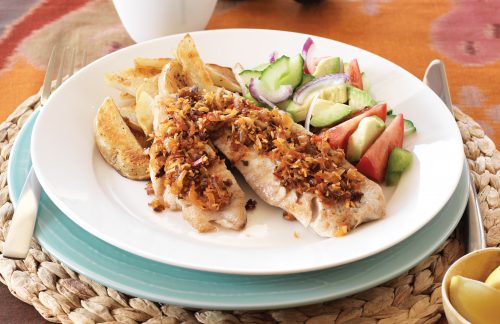 Coconut crust fish and fried potatoes