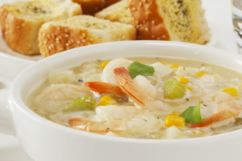 Corn chowder with garlic prawns Corn chowder with garlic prawns