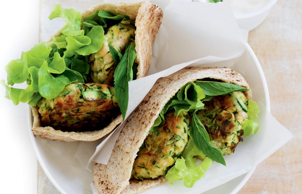 Courgette fritter-filled pitas with tzatziki Courgette fritter-filled pitas with tzatziki