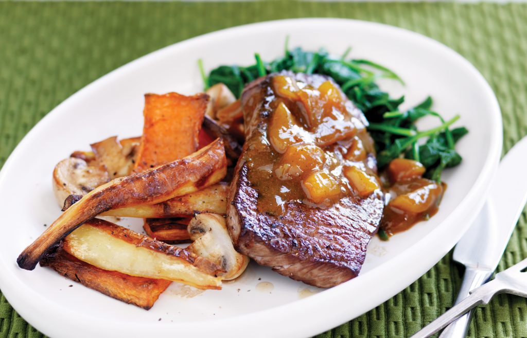 Devilled steak with roasted veges Devilled steak with roasted veges