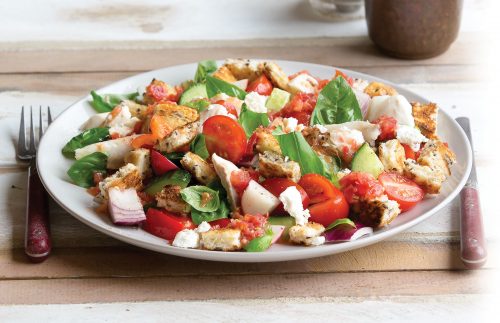 Fish, tomato and feta panzanella