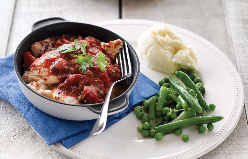 Fish with tomato, capers and mash Fish with tomato, capers and mash