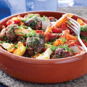 Greek-style meatball tray bake