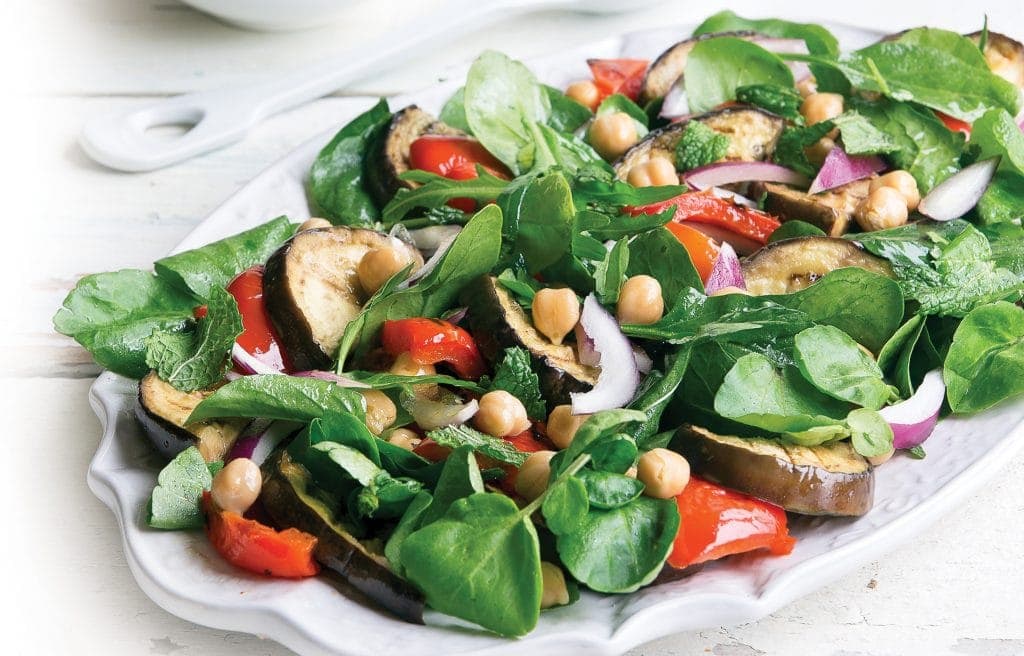 Griddled eggplant with chickpeas and leaf salad Griddled eggplant with chickpeas and leaf salad