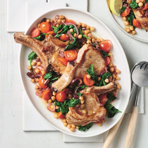 Grilled pork cutlets with warm chickpea salad