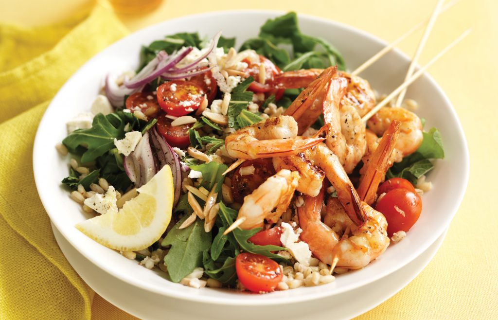 Grilled prawn skewers with barley and almond salad Grilled prawn skewers with barley and almond salad