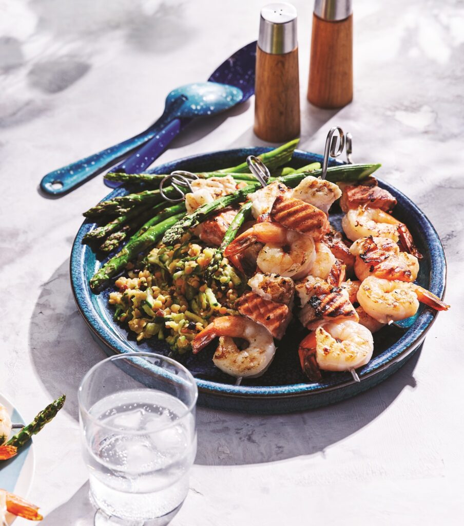 Seafood skewers with lentil salad Seafood skewers with lentil salad