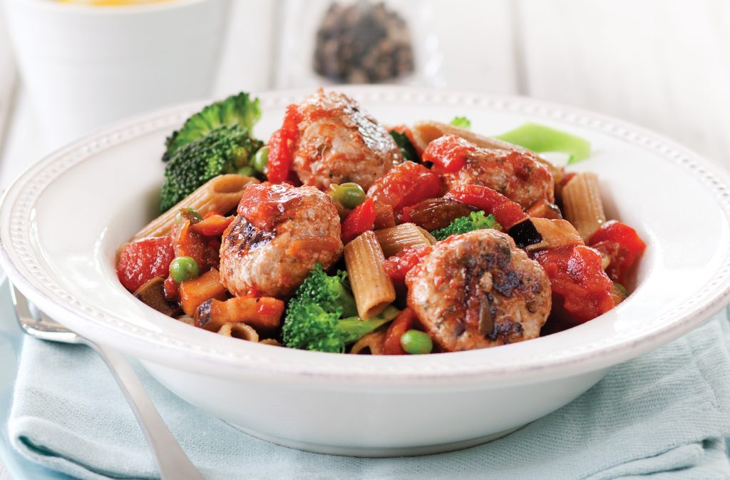 Harissa turkey meatballs with pasta and ratatouille sauce Harissa turkey meatballs with pasta and ratatouille sauce