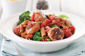 Harissa turkey meatballs with pasta and ratatouille sauce