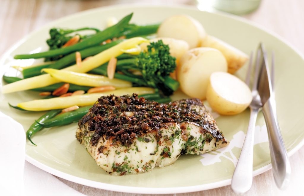 Herb-crusted fish with broccolini and beans Herb-crusted fish with broccolini and beans