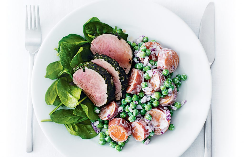 Herb-crusted pork with kumara and pea salad Herb-crusted pork with kumara and pea salad