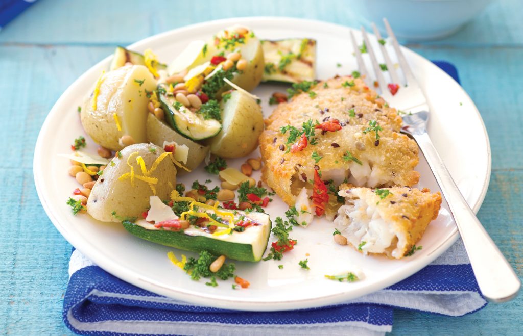 Hoki with courgette salad and new potatoes Hoki with courgette salad and new potatoes