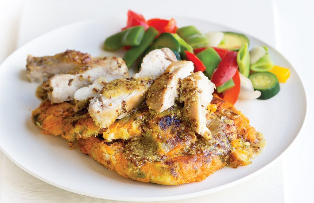 Honey-mustard chicken with kumara-sprout cakes Honey-mustard chicken with kumara-sprout cakes