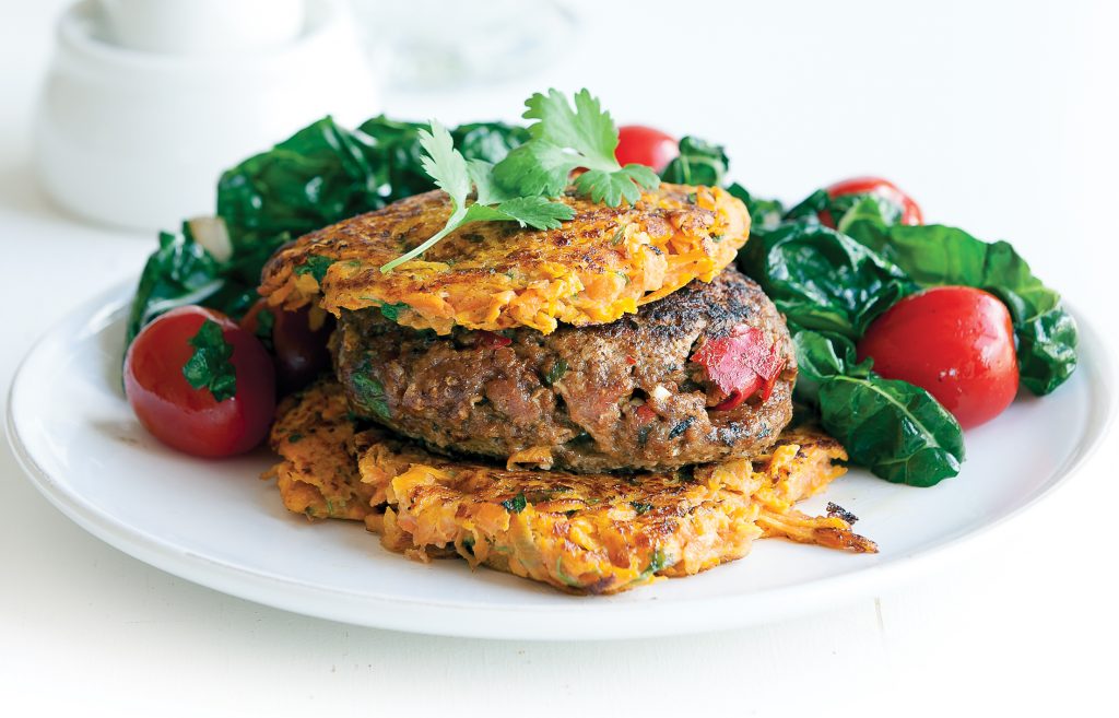 Lamb burgers with kumara fritters and silver beet Lamb burgers with kumara fritters and silver beet