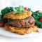 Lamb burgers with kumara fritters and silver beet