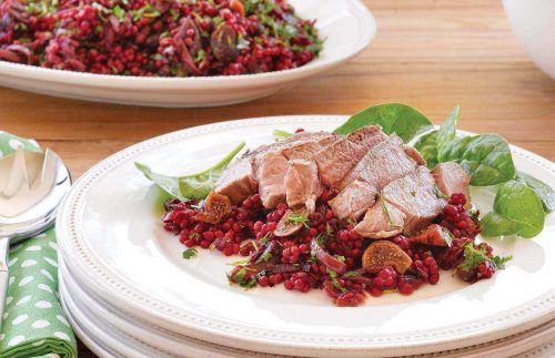 Lamb steaks with beetroot and fig Israeli couscous
