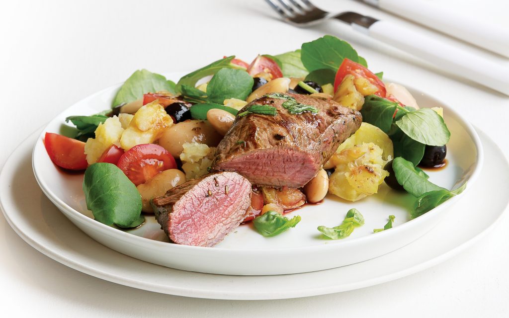 Lamb steaks with crushed bean and new potato salad Lamb steaks with crushed bean and new potato salad