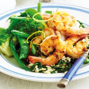 Lemon prawns with spinach rice