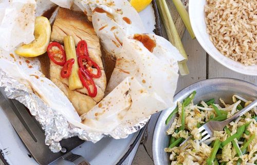 Lemongrass fish parcels with shredded cabbage salad