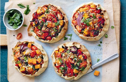 Lentil, roasted pumpkin and ricotta open pies