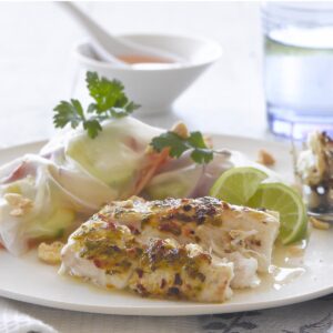 Lime fish with chilli vegetable rolls