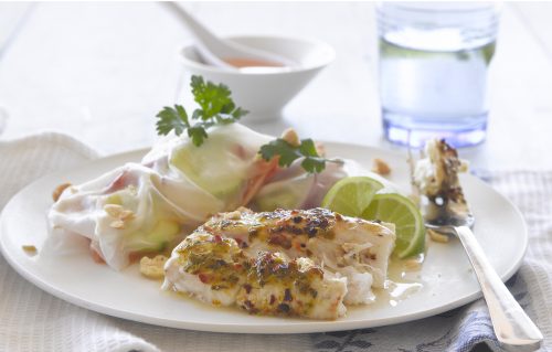 Lime fish with chilli vegetable rolls