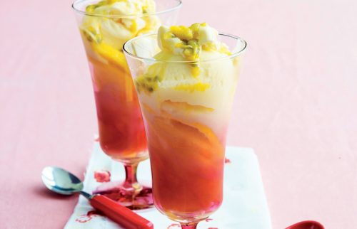 Mango and passionfruit ice cream sundaes