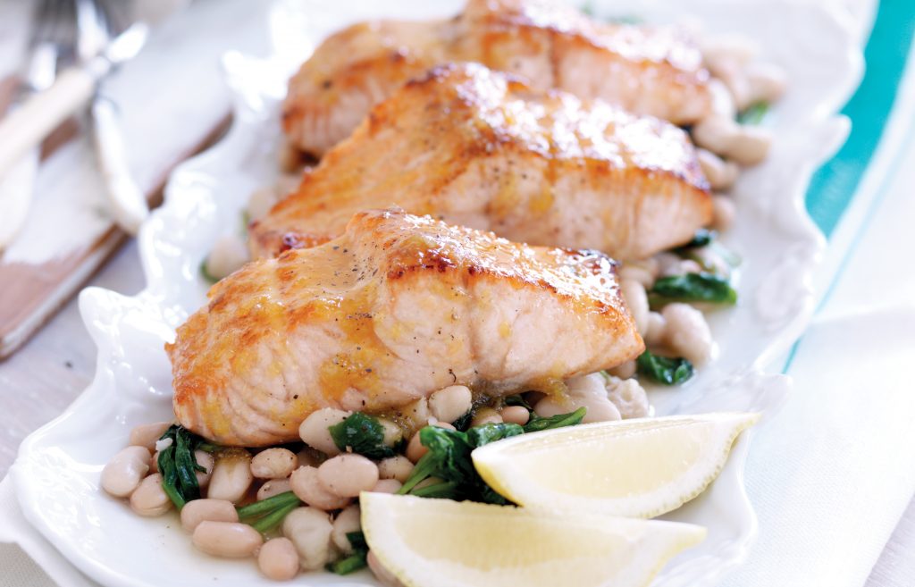 Maple-glazed salmon with spinach and white beans Maple-glazed salmon with spinach and white beans