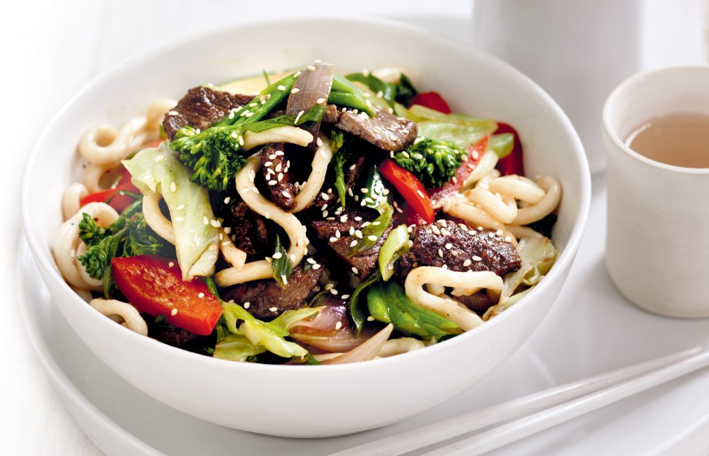 Maple-soy beef with udon noodles and vegetables Maple-soy beef with udon noodles and vegetables