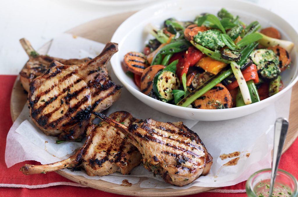 Marinated pork cutlets with charred veg and mint pesto Marinated pork cutlets with charred veg and mint pesto